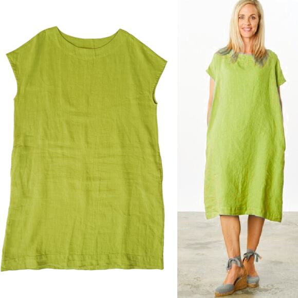 BRYN WALKER Linen ANSLEY Dress Boxy XL Cap Sleeve and Pockets Citron Green - Picture 1 of 10